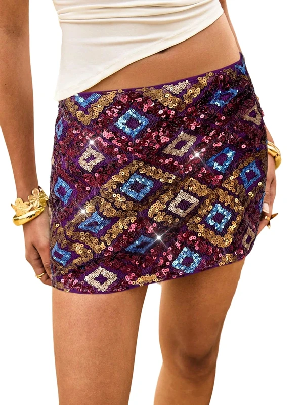 Floerns Women's Contrast Sequin High Waist Shining Party Bodycon Mini Skirt, Dark Purple, L