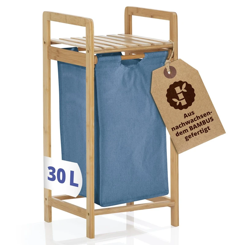 Lumaland Bamboo Laundry Basket, Laundry Hamper with Extendable Laundry Bag, Renewable Bamboo, Wooden Laundry Box, Slim, Small, Laundry Chest with Shelf, Dirty Laundry Container, Blue