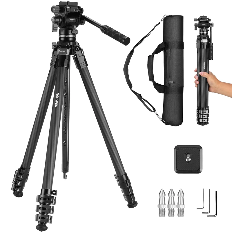 NEEWER 60.4" Travel Tripod Carbon Fiber with Detachable Damped Fluid Head, Lightweight Video Camera Stand with Metal Quick Flip Buckle, Arca Type QR Plate Compatible with Peak Design Capture V3, LT37
