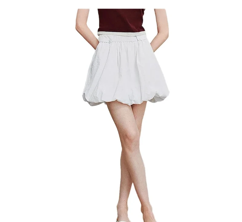 Women Solid Loose Puffy Skirt Elastic Waist Folds Beach Mini Patchwork Skirts White L