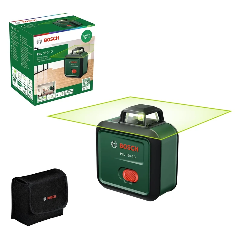 Bosch Plane Laser PLL 360-1G (360° Green Laser, self-Levelling, ±0.4 mm/m Accuracy, Integrated Rechargeable Li-ion Battery, USB-C® Charging, in Cardboard Box)
