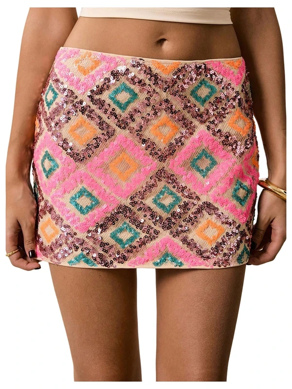 Floerns Women's Contrast Sequin High Waist Shining Party Bodycon Mini Skirt, Pink Multi, L