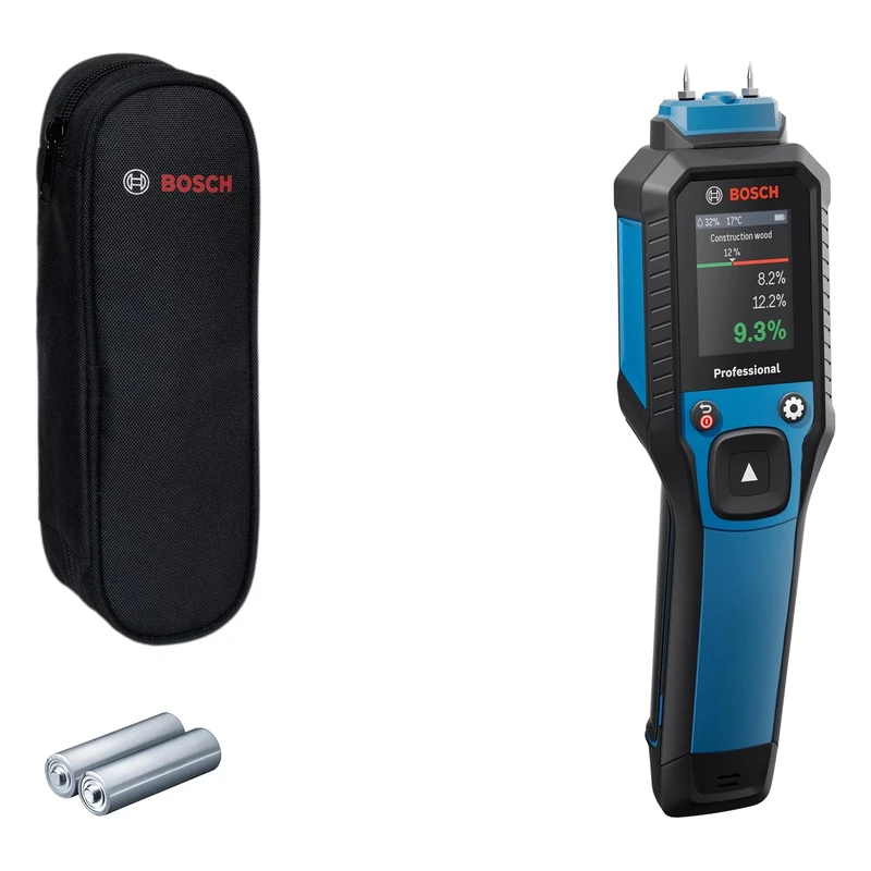 Bosch Professional pin-Based Moisture Meter GMP 2-15 (Measures 37 Wood Types and 10 Building Materials, Integrated Thermo-Hygrometer, IP65, 2X AA Batteries, Pouch)