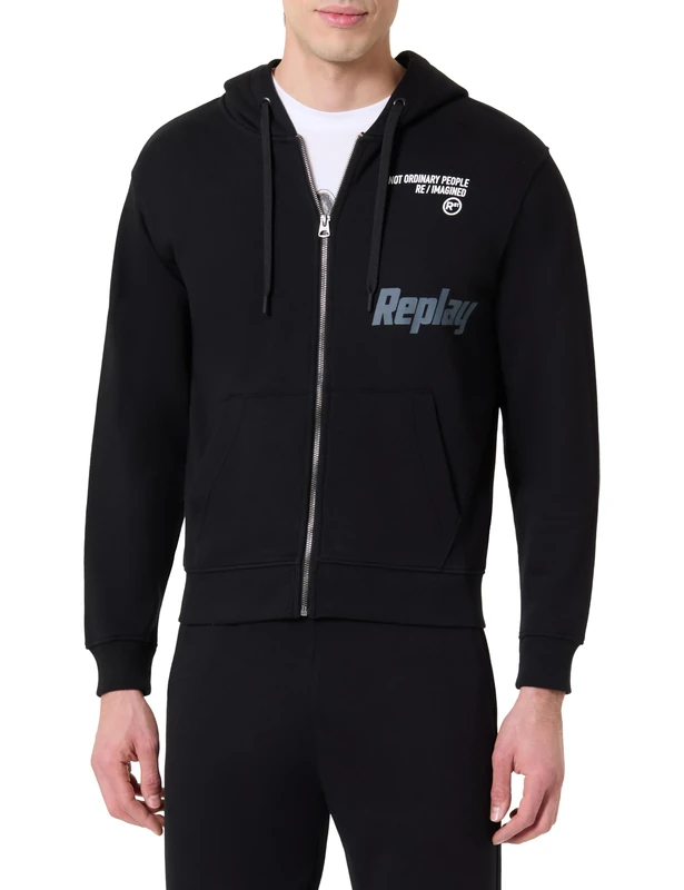Replay Men's Zip Hoodie with Bum Pocket, Black 098 (Black), M