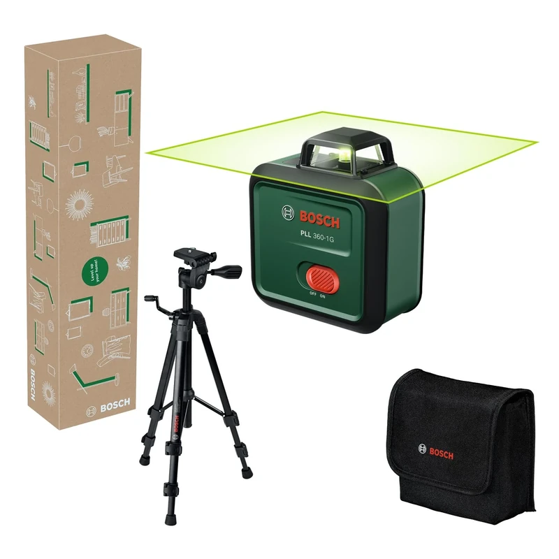 Bosch Plane Laser PLL 360-1G (360° Green Laser, self-Levelling, ±0.4 mm/m Accuracy, Integrated Rechargeable Li-ion Battery, USB-C® Charging, in E-Commerce Cardboard Box)