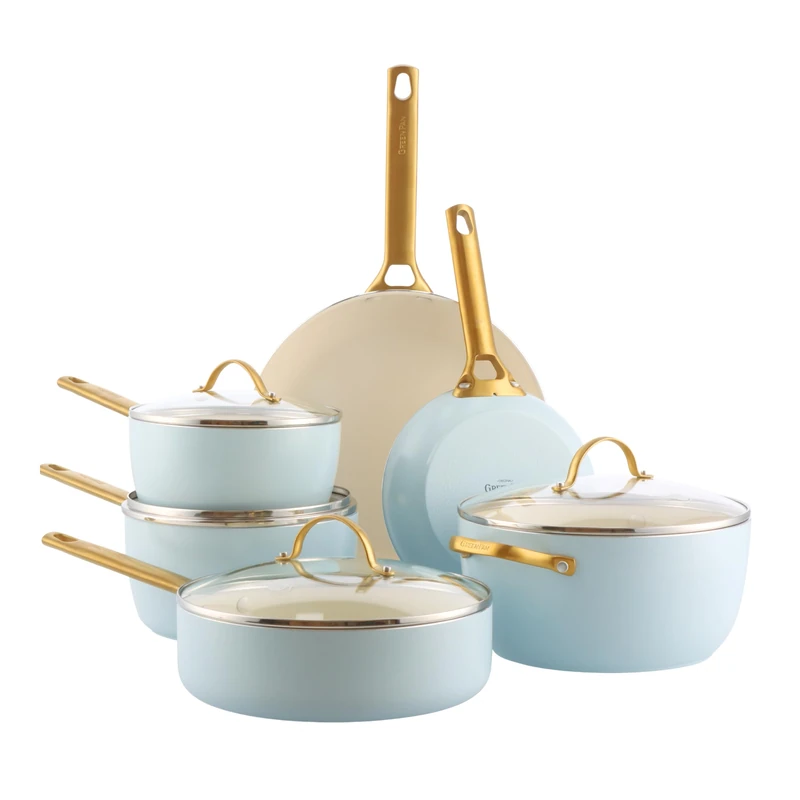 GreenPan Reserve 10-Piece Non-Stick Cooking Utensils Set - Healthy Hard Anodized Ceramic Cooking Utensils with Pans Frying Pan and Saucepan - Gold Handle, PFAS Free, Induction - Oven Safe, Light Blue