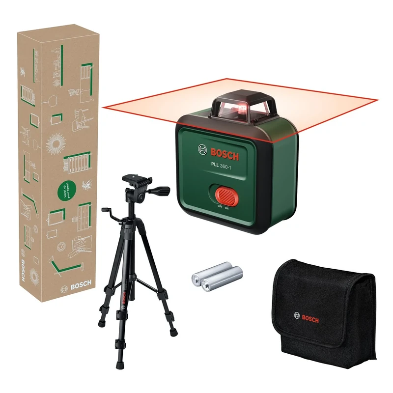 Bosch Leveling Laser PLL 360-1 with TT 120 Tripod (self-Levelled 360° Plane Laser, ±0.4 mm/m Accuracy, 12 m Working Range, Slope Function, in E-Commerce Cardboard Box)