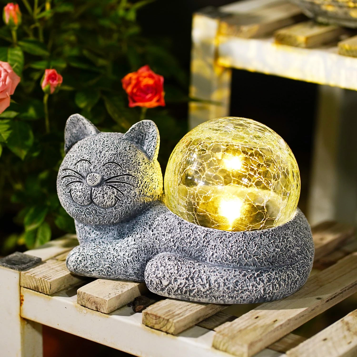Yeomoo Cat Ornaments Carrying Solar Crack Glass Ball - Funny Smile Lying Statue for Lawn Porch Yard Garden Decor - Birthday Gifts for Women Mum Men Waterproof