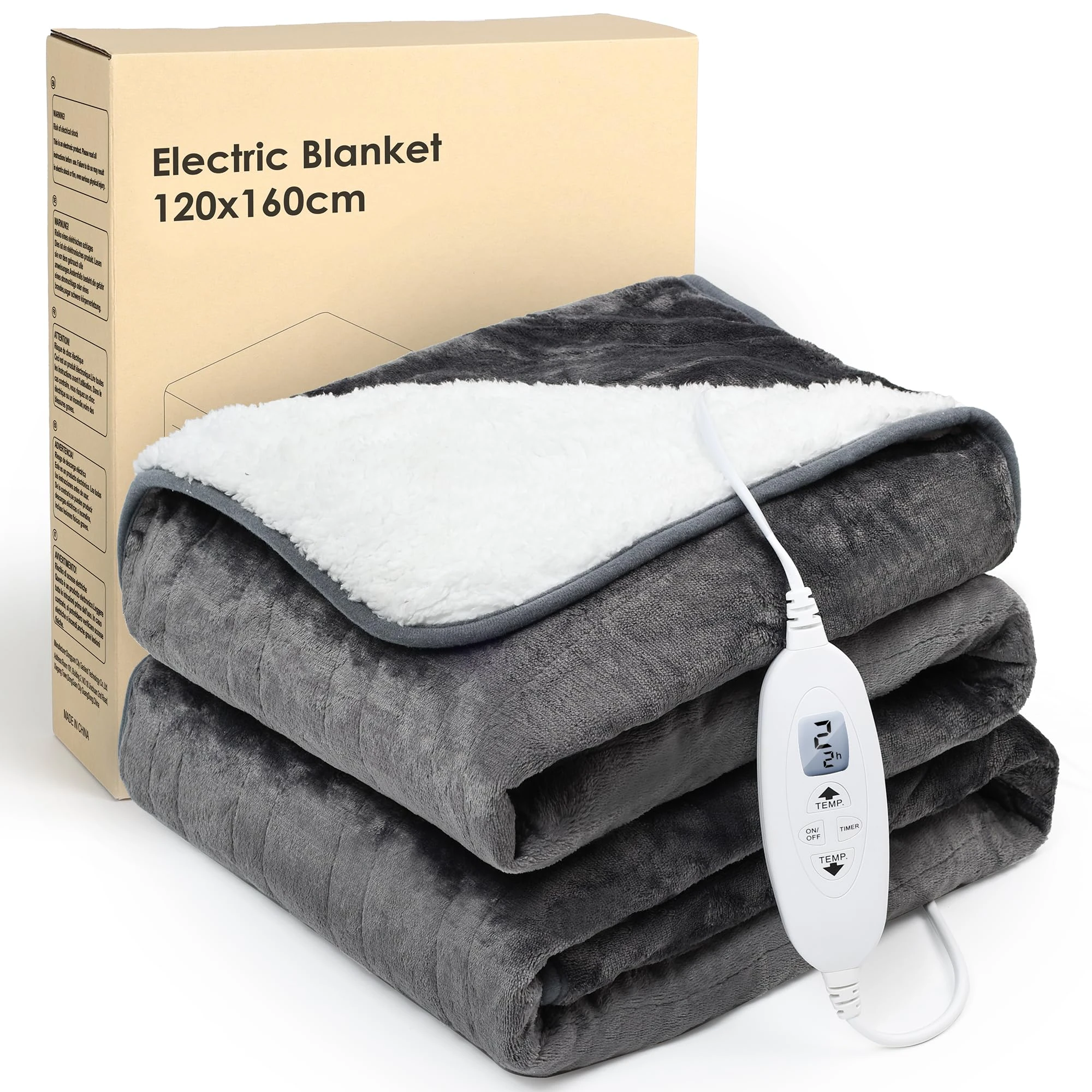 Electric Heated Blanket Throw,Electric Throw with 4 Heat Settings & 4 Hours Auto-Off Timer, LCD Display,Grey Heating Blanket Flannel Sherpa for Sofa and Bed,160 * 120CM