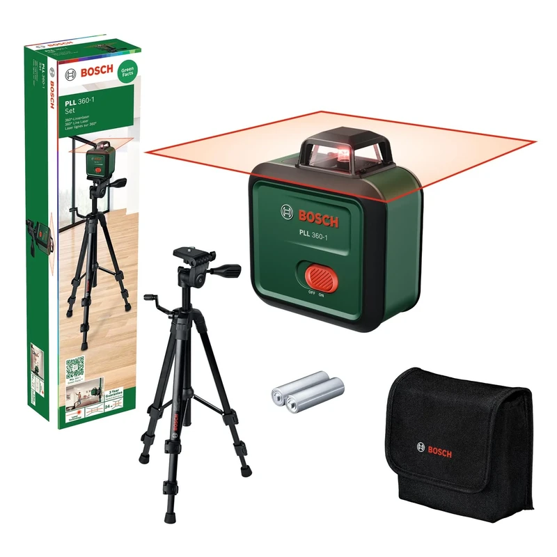 Bosch Leveling Laser PLL 360-1 with TT 120 Tripod (self-Levelled 360° Plane Laser, ±0.4 mm/m Accuracy, 12 m Working Range, Slope Function, in Cardboard Box)