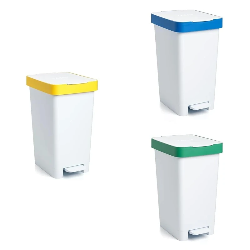 TATAY Recycling Kitchen Bins with Pedal 25L | Set of 3: Plastic & Cans, Paper & Card, Glass | Compact and Functional | Indoor and Outdoor Use | Fits 30L Bags | BPA-Free Recycled Plastic