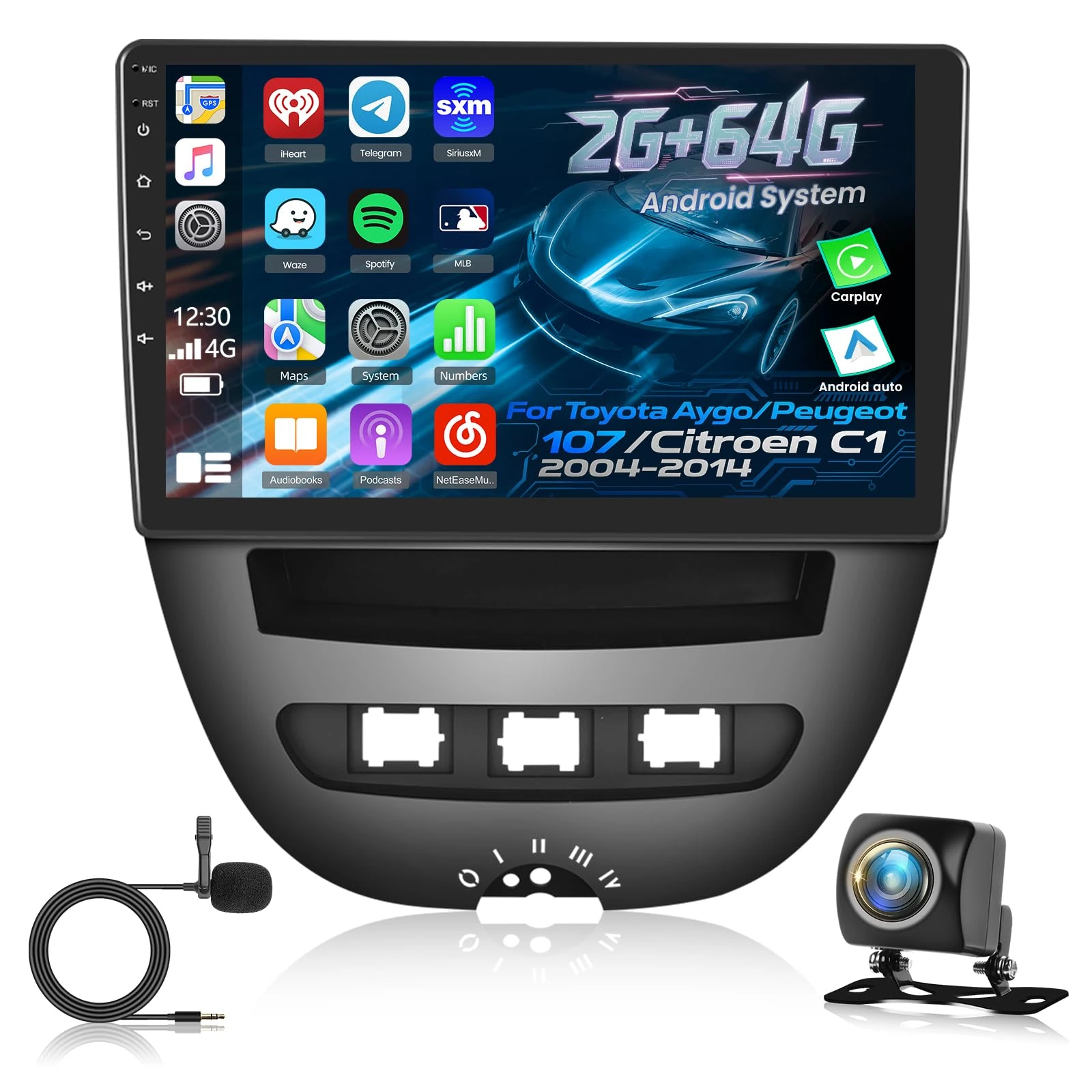 [2GB+64GB] Android Car Radio for Toyota Aygo/Peugeot 107/Citroen C1 2004-2014 with Wireless Carplay and Android Auto, 10.1 inch HD Touch Screen Car Stereo with GPS/WiFi/Bluetooth/EQ/FM RDS