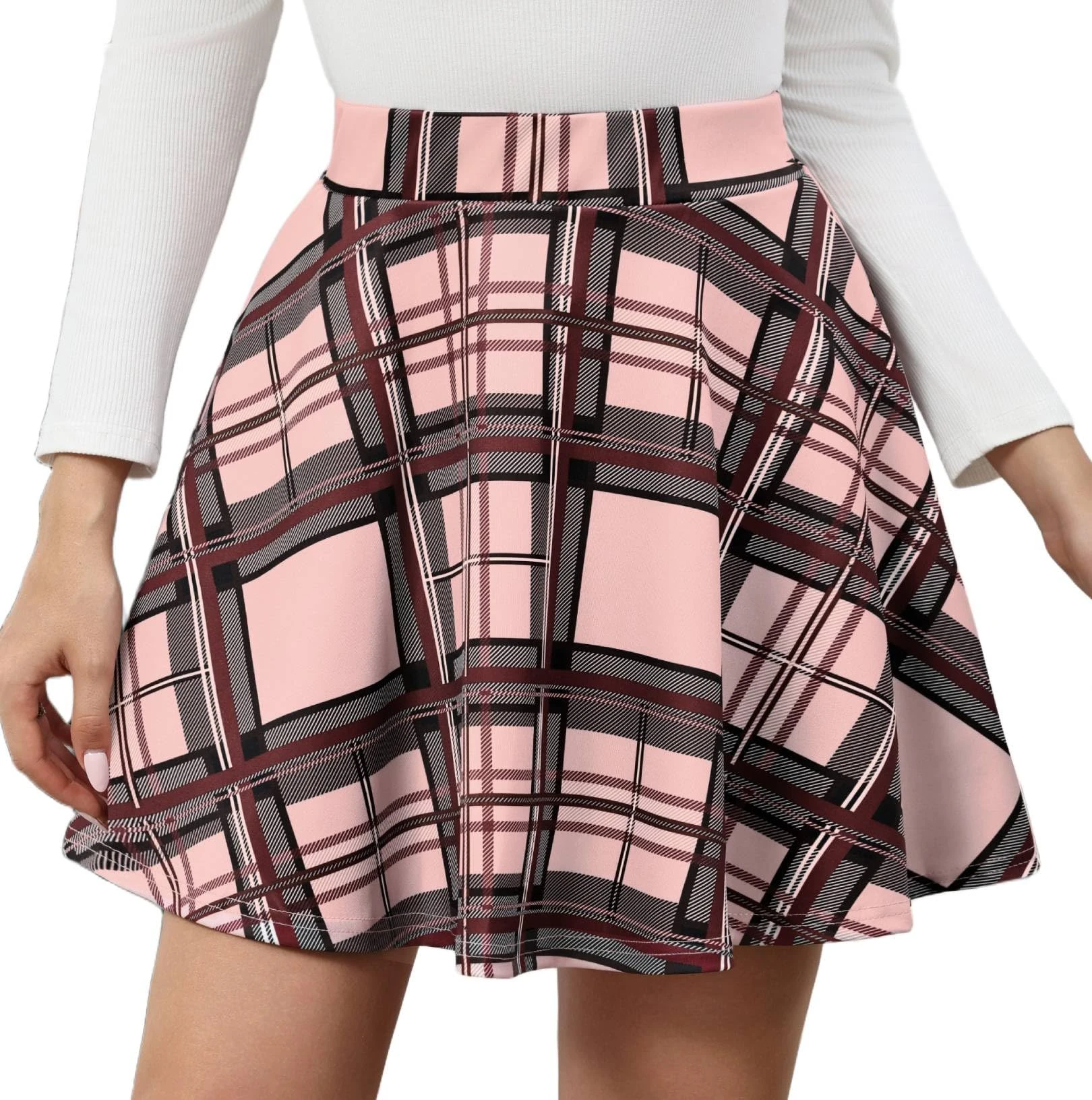 Zeagoo Women's Elastic High Waist Flared Skater Skirt Casual A Line Ruffle Skirts Plaid Skirt Pink Size 10