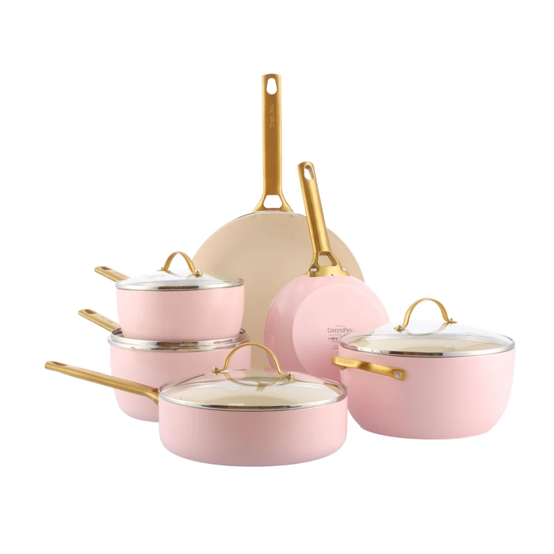GreenPan Spare Hard Anodized Healthy Ceramic Non-Stick Cookware 10-Piece Includes Casserole, Sauté Pan and Stewpan, Gold Handle, PFAS-Free Induction, Oven Safe, Blush Pink