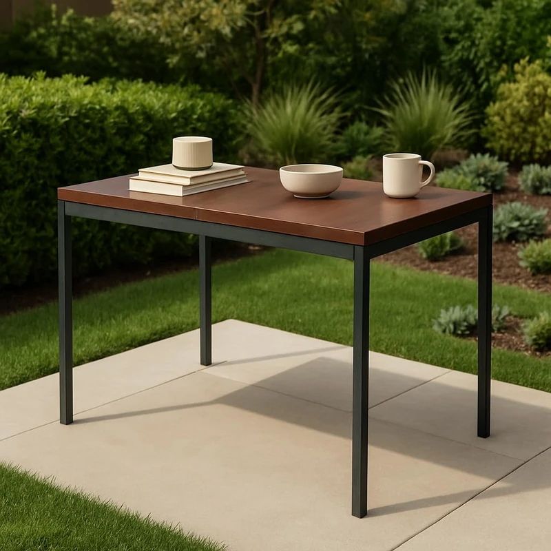 FurnitureR Brown Garden Bar Tables, For 4 to 6 People, Thick Wooden Top with Metal Structure, for Terrace, Patio, Dining Room, Garden, 120 x 70 x 75 cm - Image 1