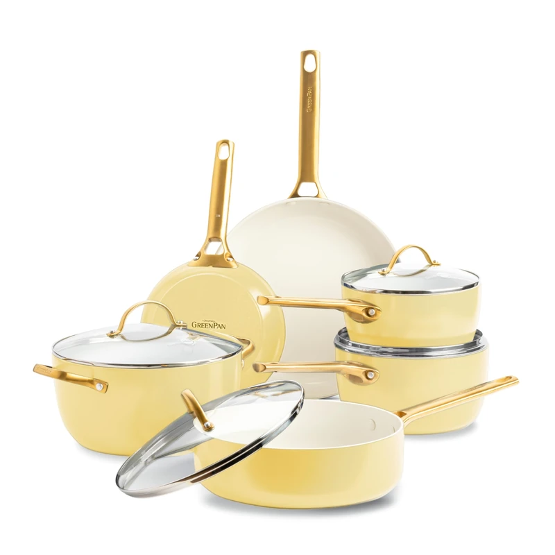 GreenPan Reserve Hard Anodised Healthy Ceramic Non-Stick Cookware Set, 10 Pieces, Includes Frying Pans Saute Pan and Cooking Pot, Gold Handle, PFAS-Free, Induction, Oven-Safe, Yellow