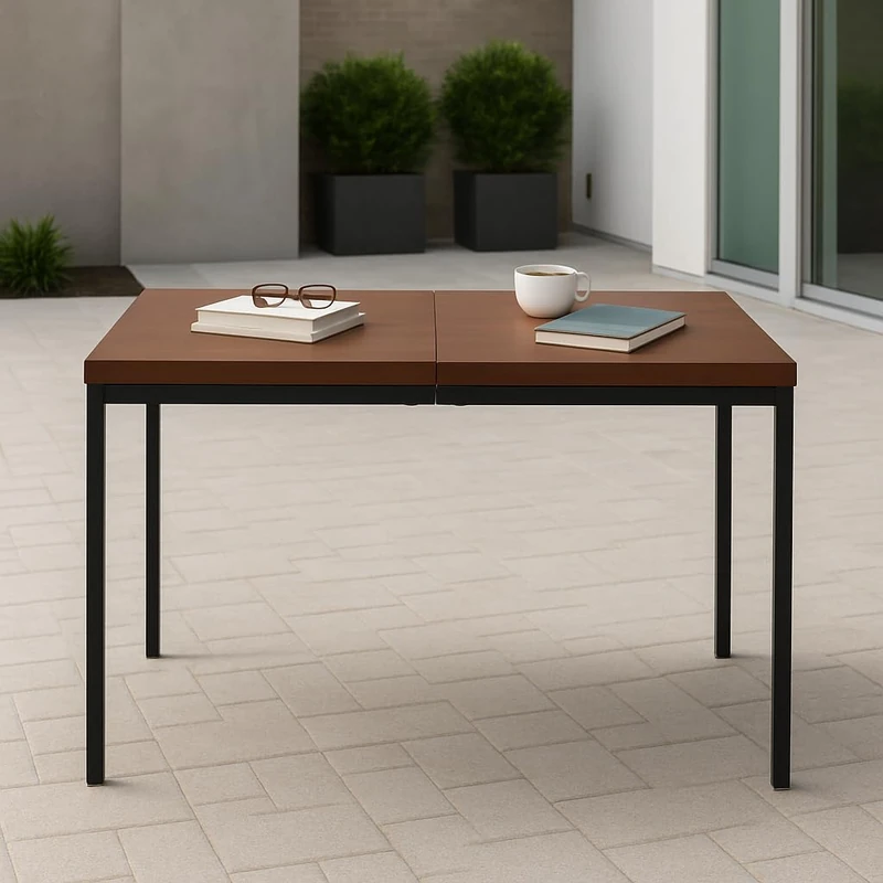 FurnitureR Garden Dining Tables in Brown, Clean and Elegant Style for 4 to 6 People, Thick Wooden Top with Metal Structure, for Terrace, Patio, Garden, 120x70x75cm - Image 1