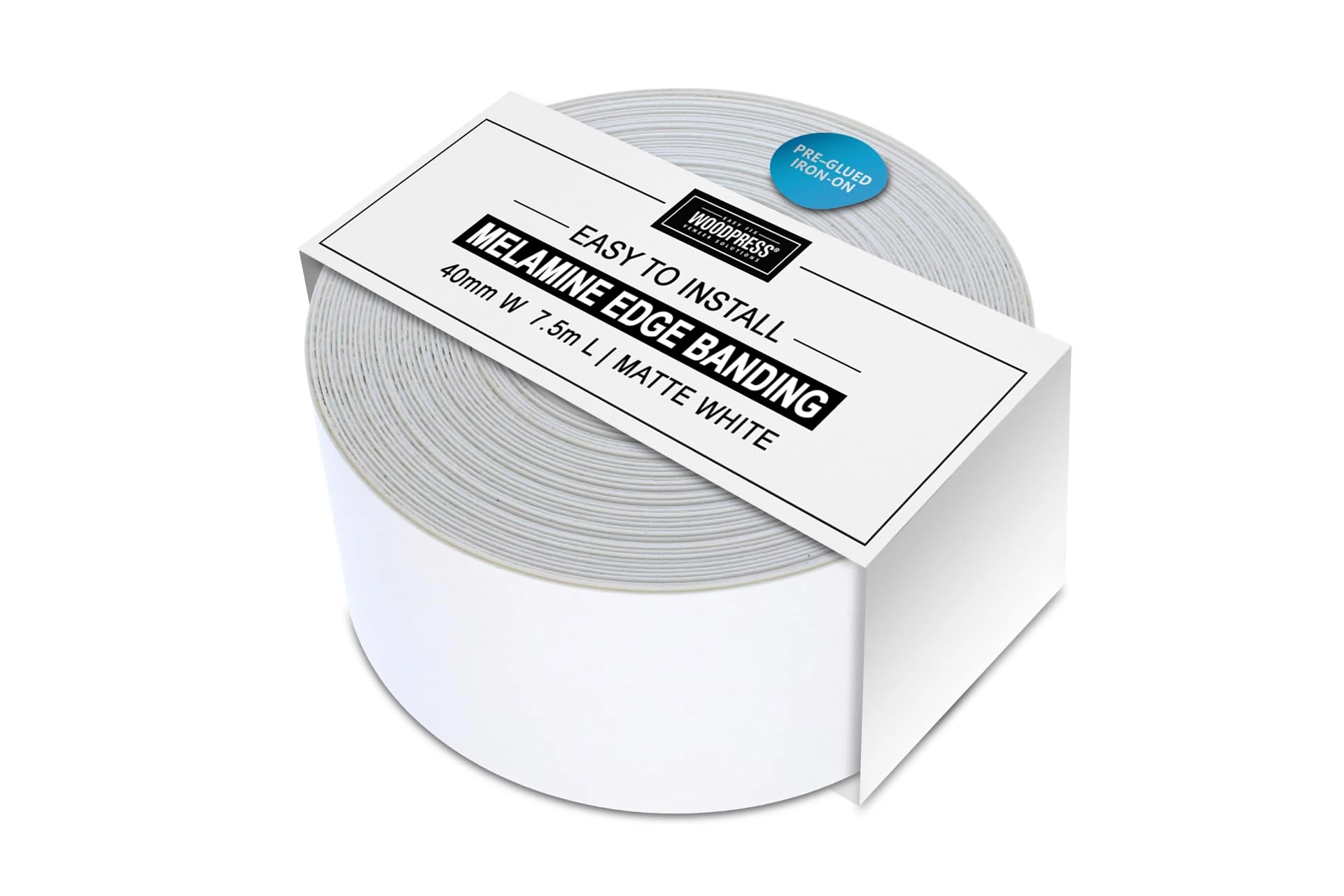 WoodPress® 40mm Matt White Melamine Edging, Pre-Glued Veneer Tape – 7.5m Roll - Iron-On for Easy DIY Application – Will Cover the Edge of a Standard MDF Panel