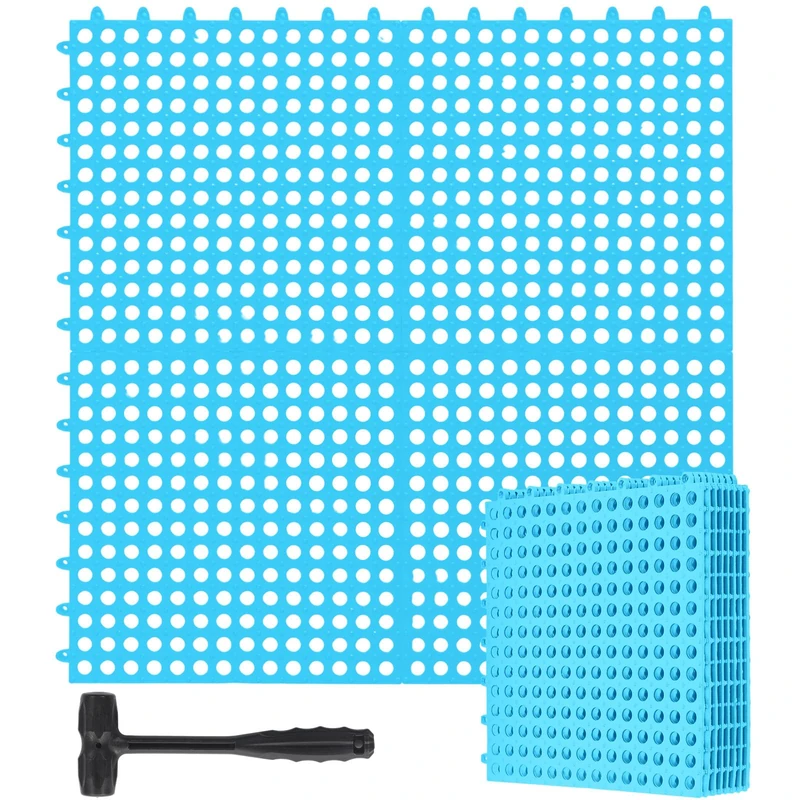 Drydiet 24 Pack Drainage Tiles Modular Interlocking Floor Tiles with 1 Pc Plastic Hammer 12" x 12" Cushion Mat Non Slip Rubber Floor mat with Holes for Pool Bathroom Deck Kitchen Patio (Blue)