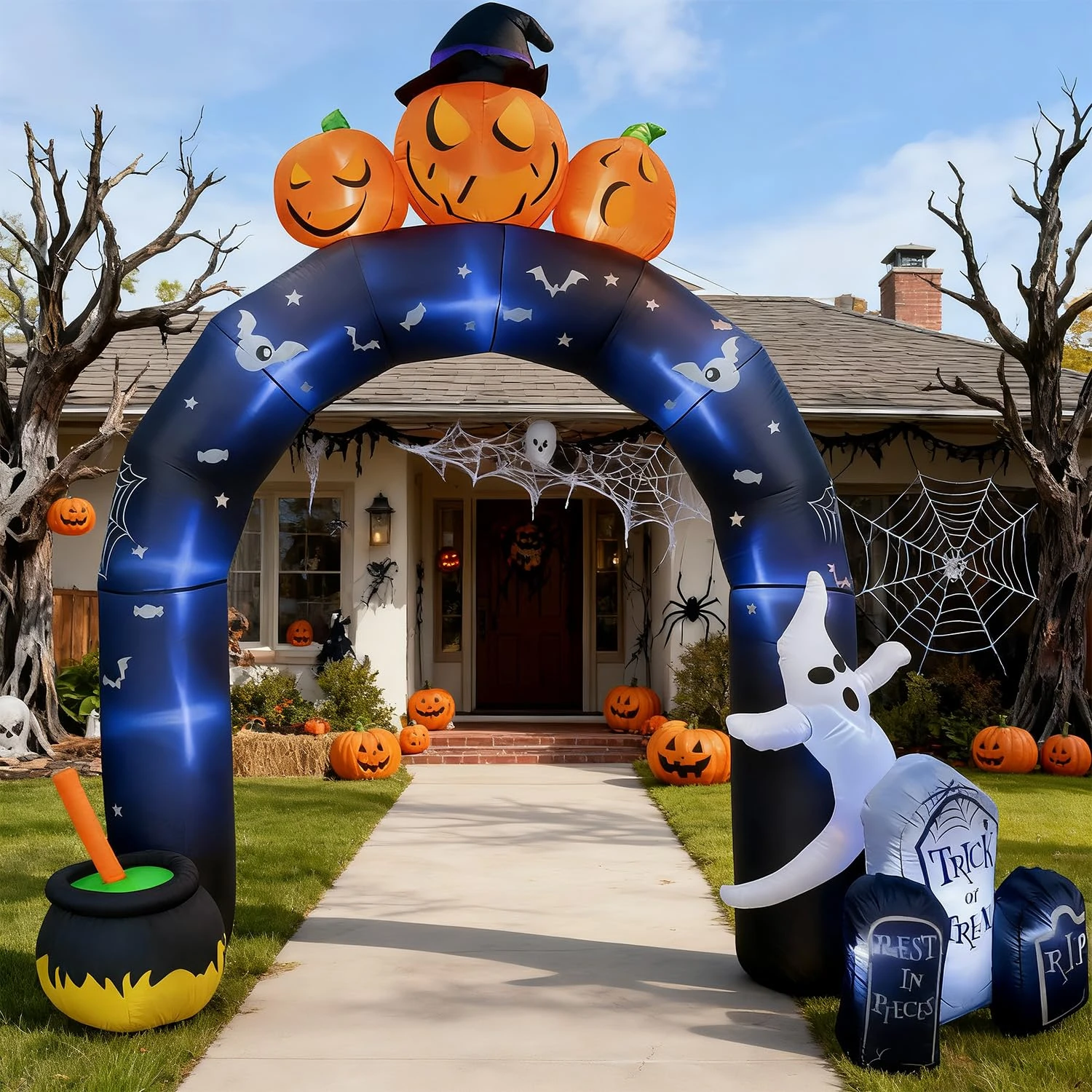 GVDV 10FT Halloween Inflatable Archway with Pumpkins & Ghosts, Outdoor Garden Decoration with 9 LED Lights, Spooky Entrance Arch for Front Garden, Porch, Pathway & Halloween Party Display