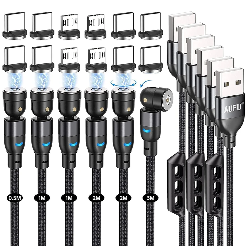 AUFU Magnetic Charging Cable, Magnetic Charger Cable 6 Pack [0.5m/1m/2m/3m], USB C 360° and 180° Rotatable With Micro/Type C for Smartphone