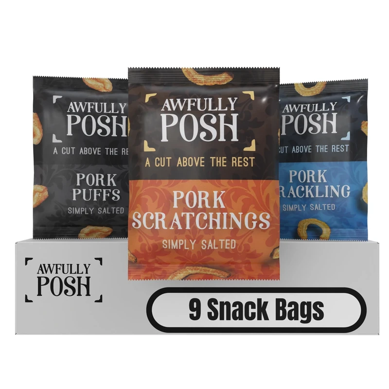Awfully Posh Pork Snacks Pack of 9 Bundle | Scratchings, Cracklings, and Puffs | Made Using Prime Cuts, No Nasties | A Bag of Perfectly Even Strips of Meaty Goodness | A Cut Above the Rest!