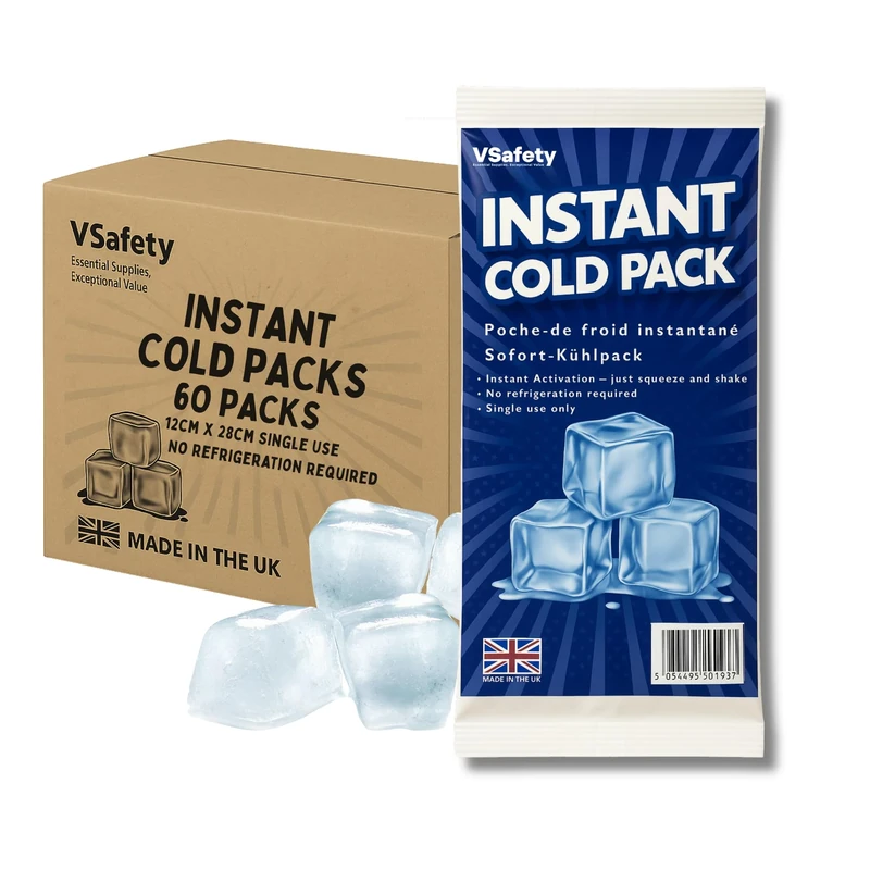V Safety Instant Ice Packs - UK-Made Disposable Cold Compress, No Refrigeration Needed, Squeeze to Activate - Portable Cooling for Food, Drinks & Outdoor Use - Large Size (Pack of 60)