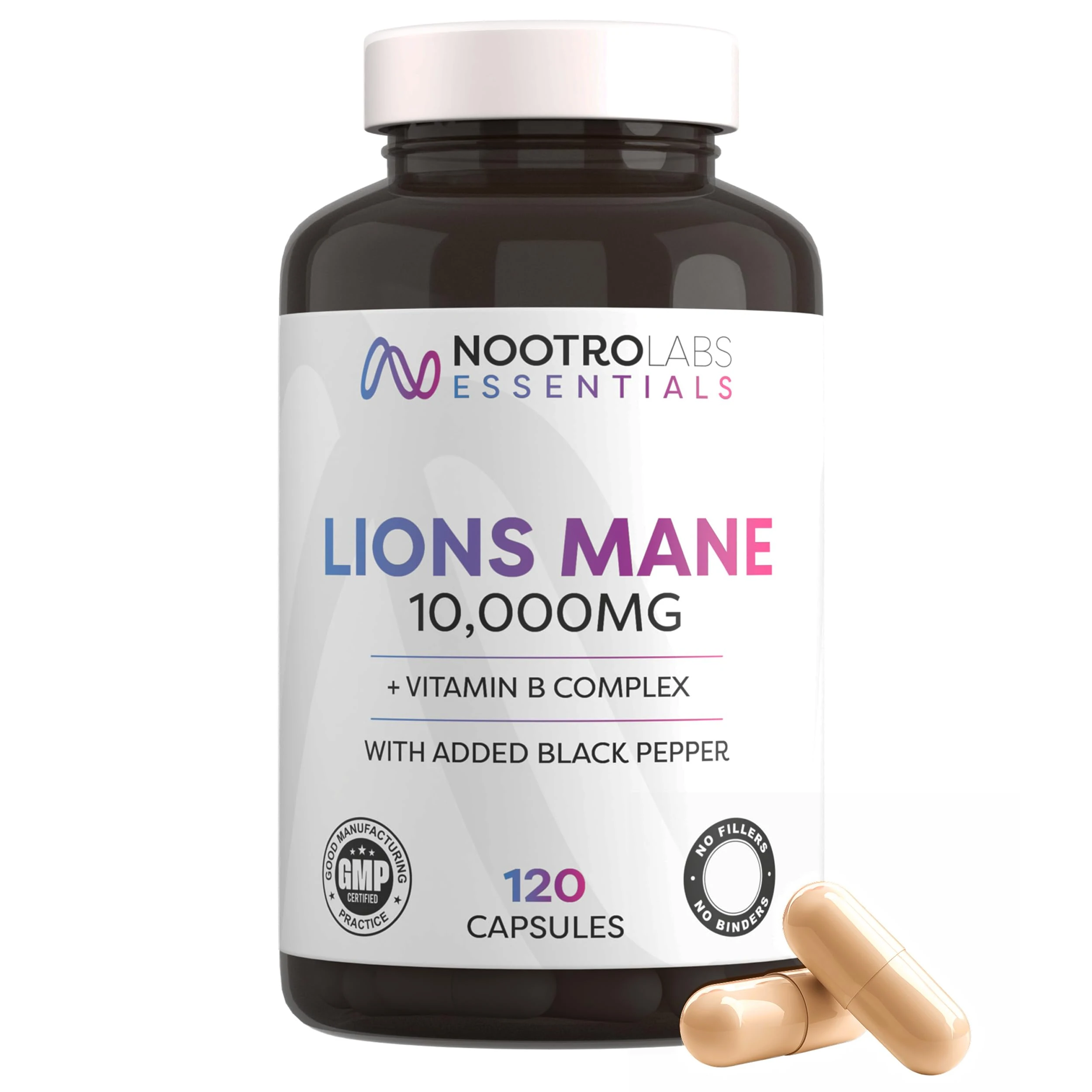 Nootro Labs Essentials Lion's Mane Capsules (60 servings), 10000mg Lions Mane Supplement With Vitamin B Complex to Support Focus and Brain Function