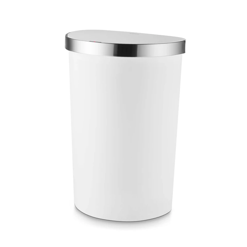 Tower Curved Sensor Bin with Liner Retainer Ring, Durable PP Body, Battery Operated, 50L, White with Stainless Steel Trim on Lid