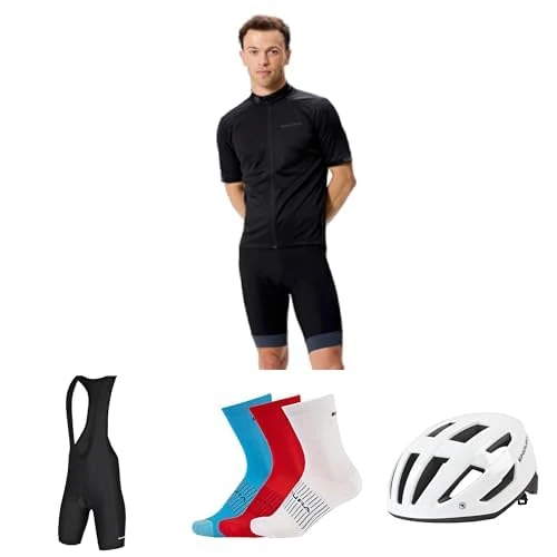Endura Full Cycling Bundle in Size Small: Xtract SS Jersey, Gel Bibshorts, Coolmax® Socks & Xtract Helmet. Quick-Dry, Padded, Breathable. Black/WhiteRed/Blue