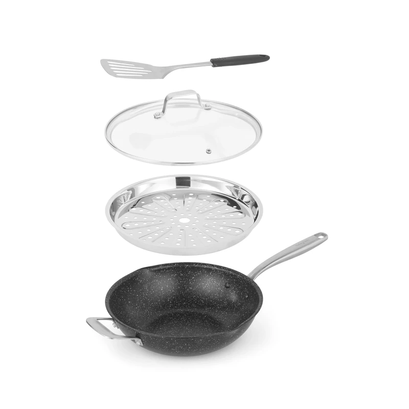 Salter Megastone 28cm Multifunction Frying Pan – 20 x Tougher Non-Stick, 3.65L, Includes Tempered Glass Lid, Spatula & Steamer Insert, Sauté, Steam & Fry, Oven & Dishwasher Safe, Lifetime Cover