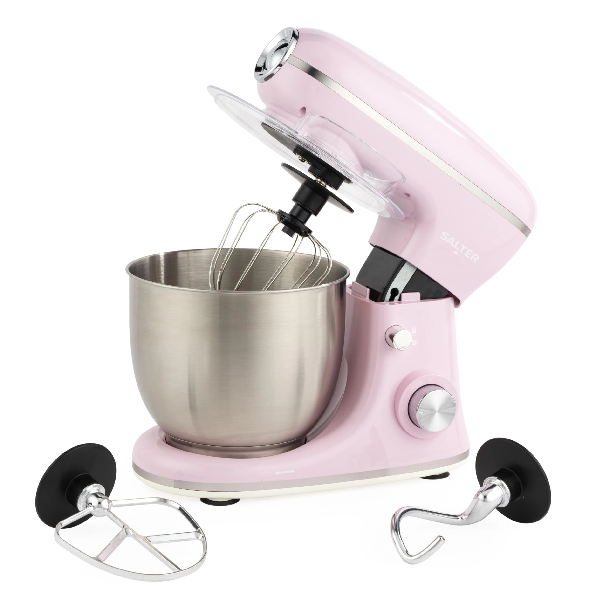Salter Retro Stand Mixer – 5L Electric Food Kitchen Mixer, Stainless Steel Removable Mixing Bowl, Accessories Included, Dough Hook, Wire Whisk, Beater, 8 Speed Settings & Pulse Function, 1300W, Pink