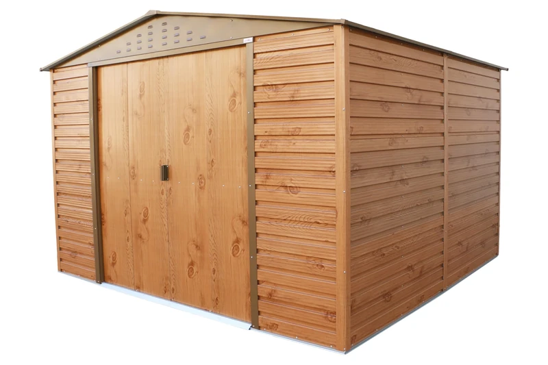 Duramax ALPINE 10 x 10 (9.75 m2) Metal Garden Shed with Metal Base, Hot-Dipped Galvanized Steel Outdoor Shed, Strong Reinforced Roof, Maintenance-Free & Weather-Resistant Storage Shed, Woodgrain