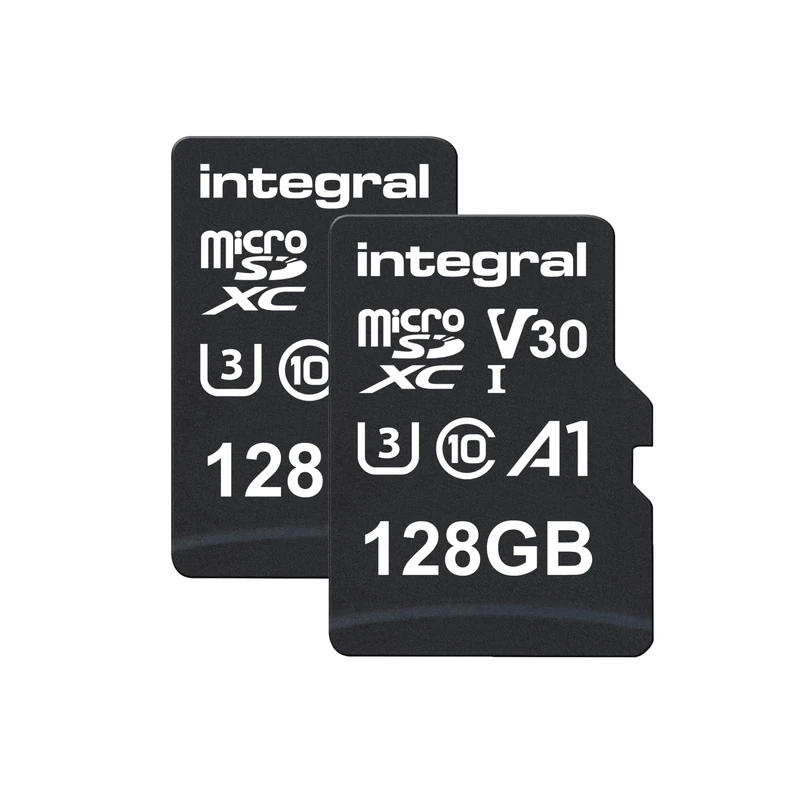 Integral 128GB Twin Pack microSD Memory Card Premium High Speed 4K Video- up to 100MB/s Read, 50MB/s Write, UHS-I, U3, V30, Class 10, A1 App Performance - smartphones, tablets, drones, game consoles