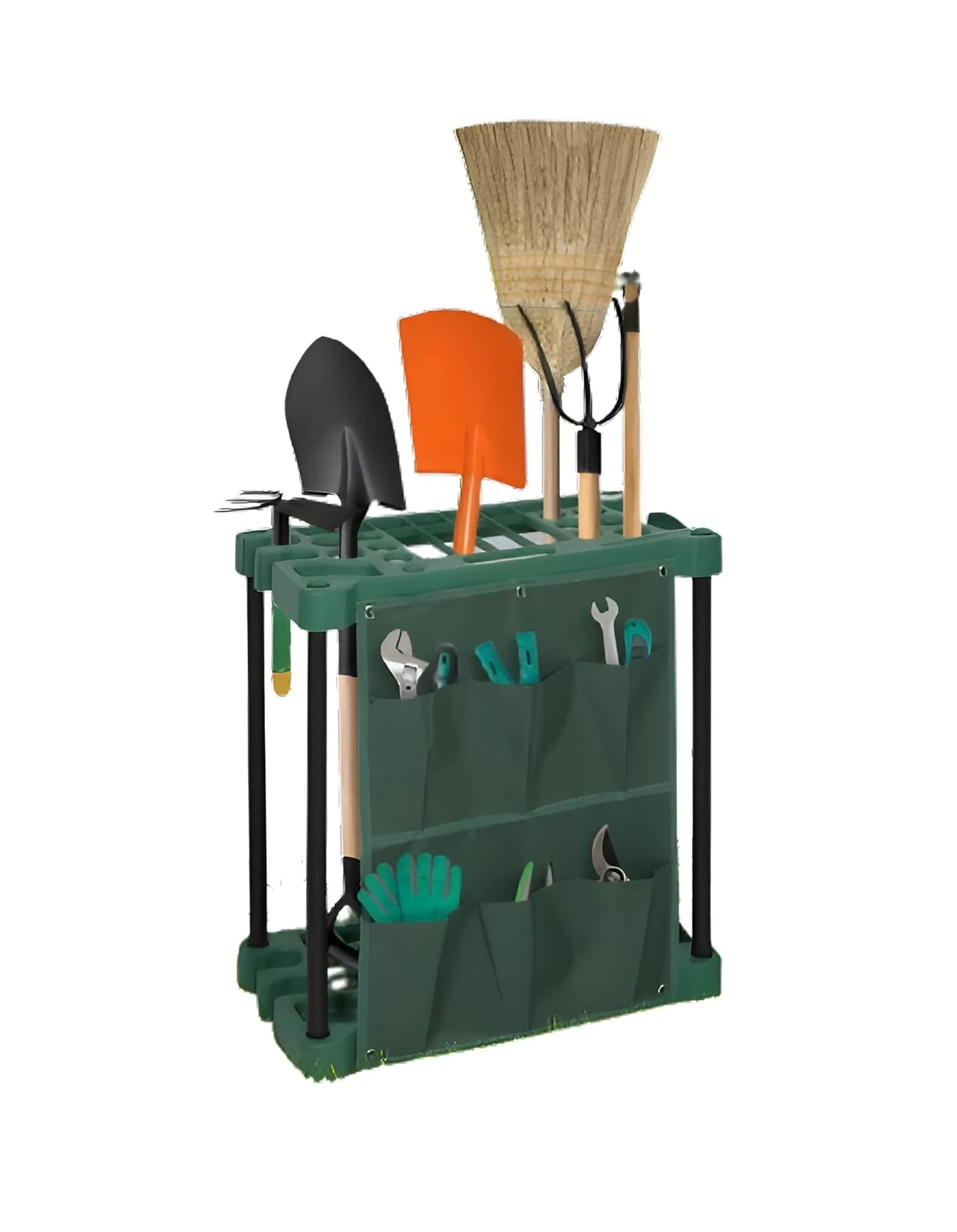 2 Tier Garden Tool Holder Heavy Duty Garden Tools Storage Multi Tool Portable Organiser Tidy with Wheels for Sheds Garages & Outdoors Caddy Freestanding Holder for Rakes Shovels Brooms 61 x 58 x 31cm