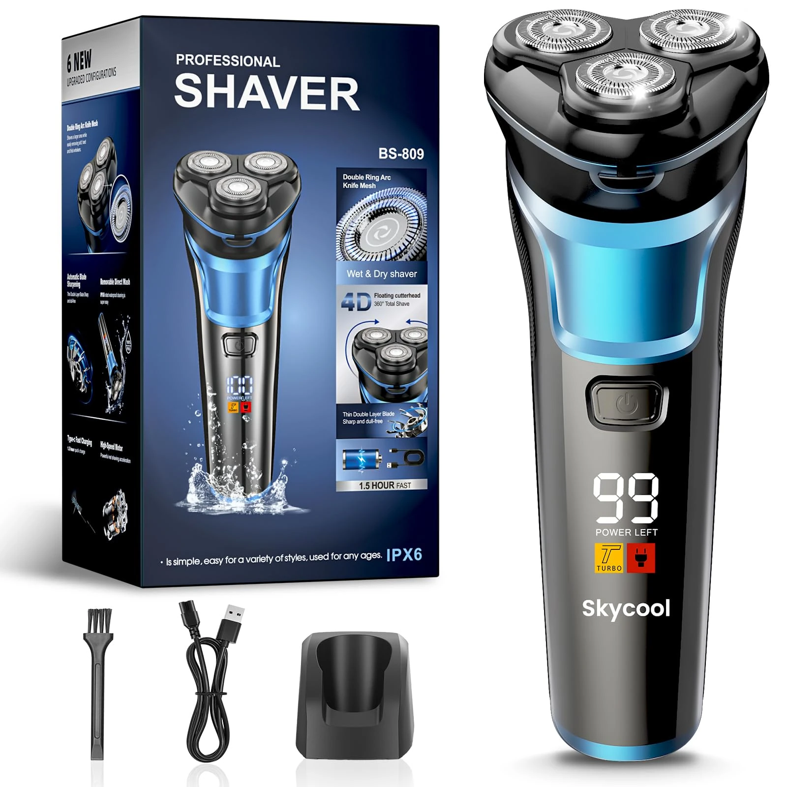 Skycool Electric Razor for Men Cordless, IPX7 Waterproof Mens Shaver, Wet & Dry, Electric Shaver with Pop-Up Trimmer, Fast Charging & Sensitive Skin Care, 2 Speed Modes, Ideal Gifts for Men