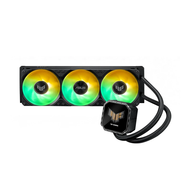 ASUS TUF Gaming LC III 360 ARGB LCD with integrated triple fans designed for high airflow and static pressure; 2.8" LCD for hardware monitoring, custom GIFs and MP4 video clips