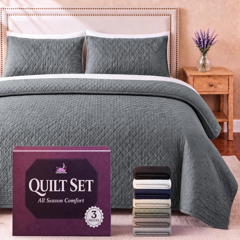 SLEEPHORIA King Quilt Bedding Set - Cloud Soft All-Season Bedspread 3 PC w/Shams, Bed Quilt King Size Coverlet - Oversized, Light Weight, Ultra Durable, Easy Care - 106 x 96 in (Light Grey)