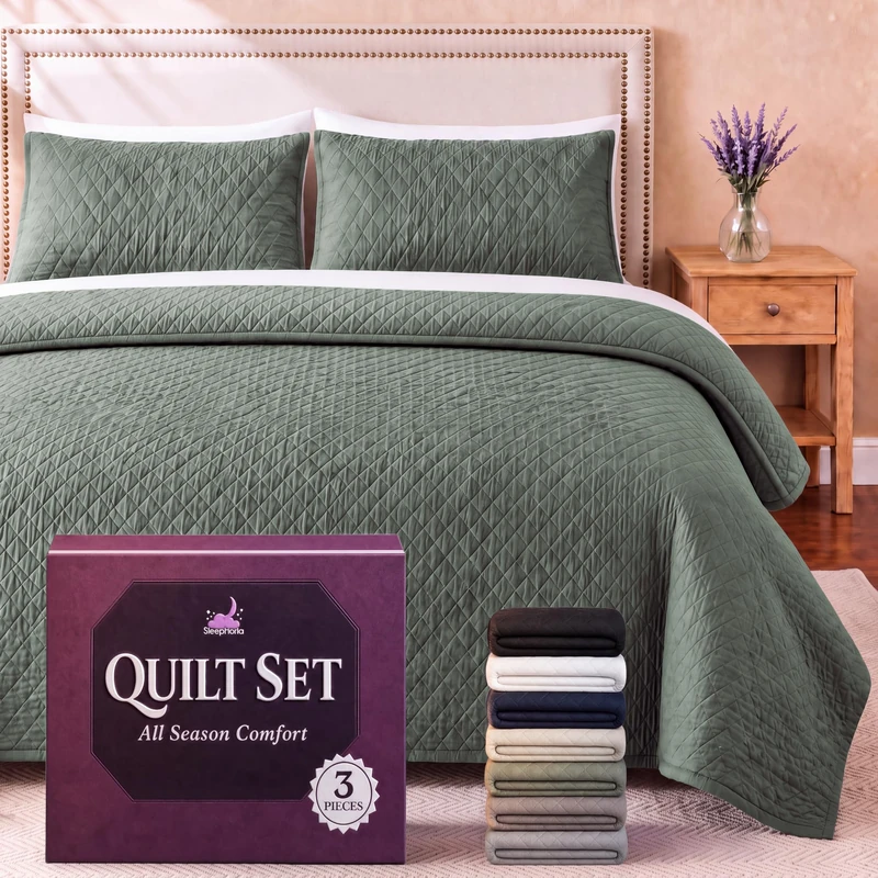 SLEEPHORIA King Quilt Bedding Set - Cloud Soft All-Season Bedspread 3 PC w/Shams, Bed Quilt King Size Coverlet - Oversized, Light Weight, Ultra Durable, Easy Care - 106 x 96 in (Sage Green)