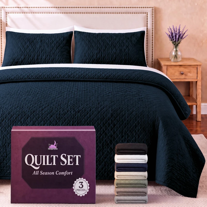 SLEEPHORIA King Quilt Bedding Set - Cloud Soft All-Season Bedspread 3 PC w/Shams, Bed Quilt King Size Coverlet - Oversized, Light Weight, Ultra Durable, Easy Care - 106 x 96 in (Navy Blue)