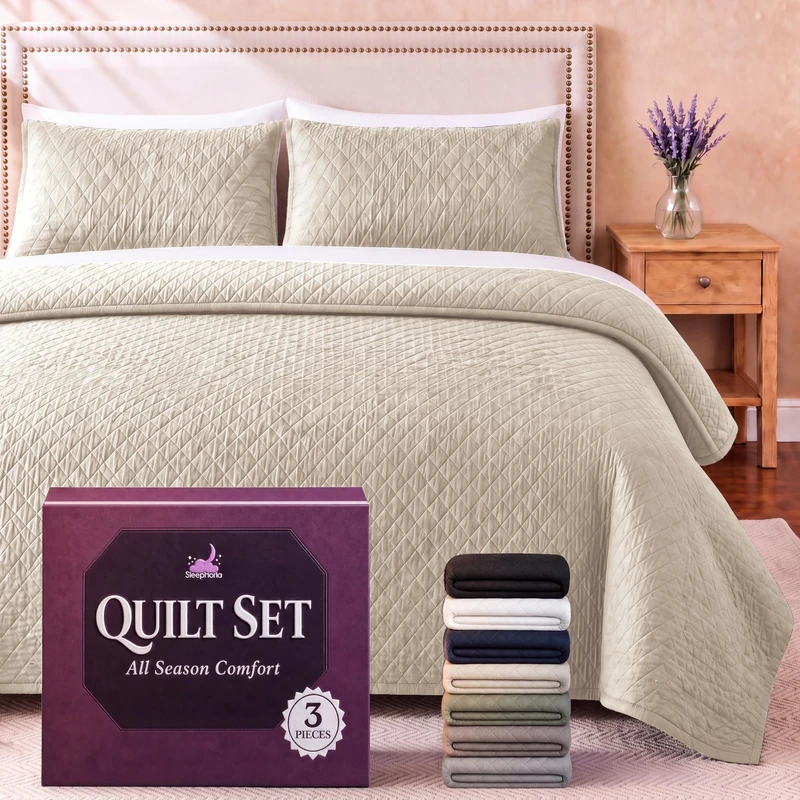 SLEEPHORIA King Quilt Bedding Set - Cloud Soft All-Season Bedspread 3 PC w/Shams, Bed Quilt King Size Coverlet - Oversized, Light Weight, Ultra Durable, Easy Care - 106 x 96 in (Ivory)