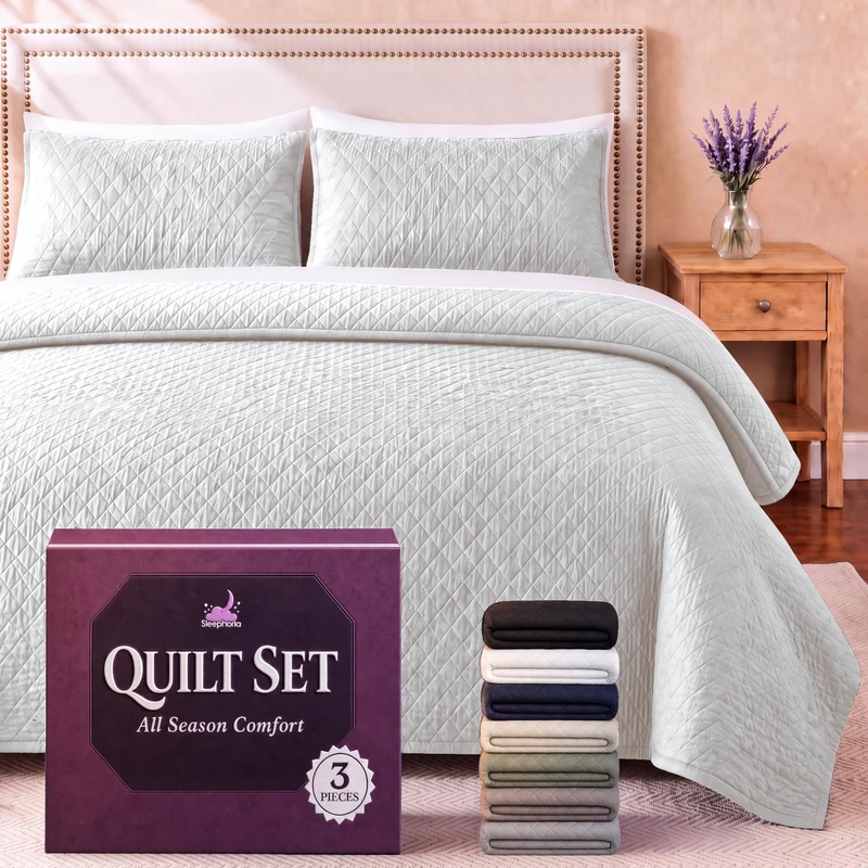 SLEEPHORIA King Quilt Bedding Set - Cloud Soft All-Season Bedspread 3 PC w/Shams, Bed Quilt King Size Coverlet - Oversized, Light Weight, Ultra Durable, Easy Care - 106 x 96 in (White)