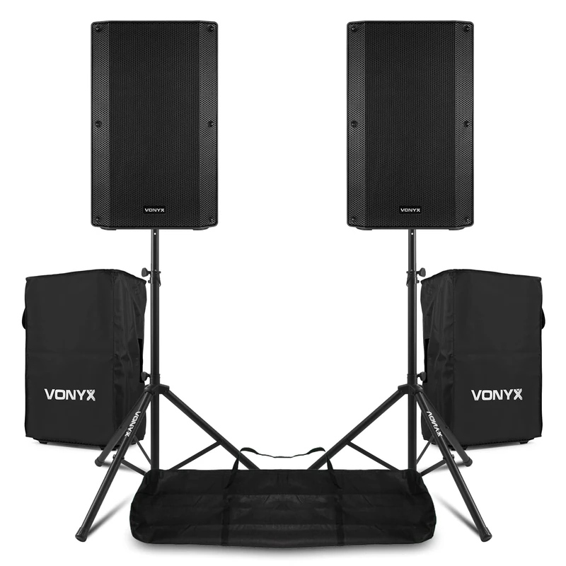 VONYX VSA12BT 12" 1600W Active PA Speaker System with Bluetooth, Speaker Stands & Protective Covers - Complete DJ Sound Setup for Parties & Events