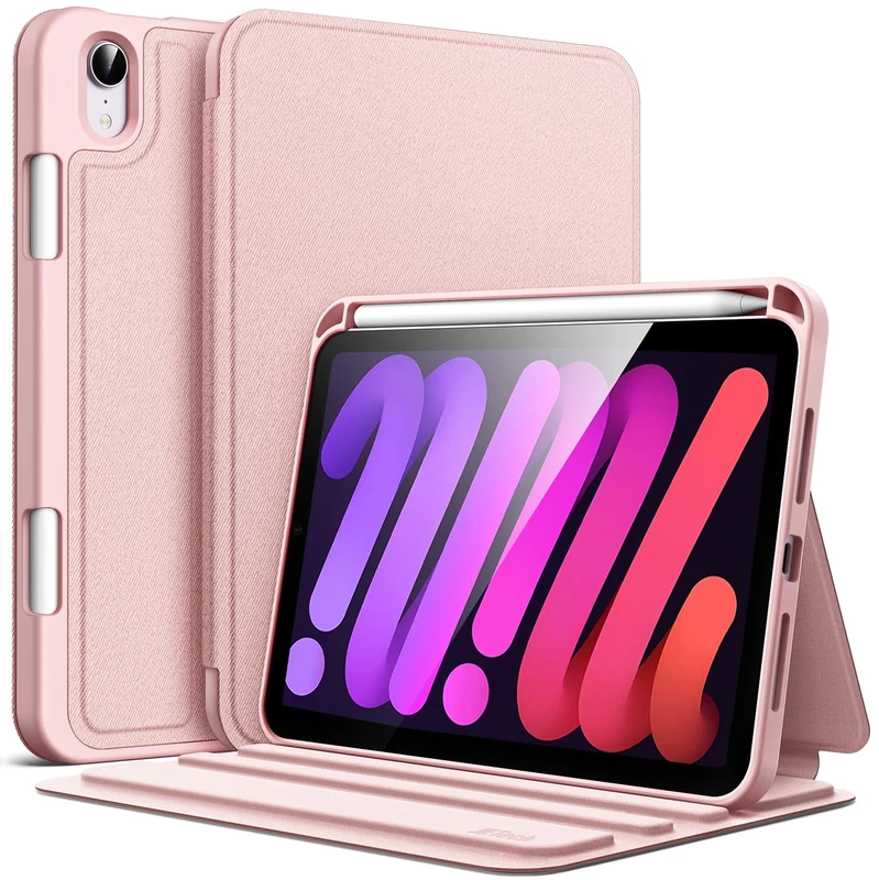 JETech Case for iPad Mini (A17 Pro, 2024 Model, 7th) / Mini 6 (2021 Model, 6th) with Pencil Holder, Slim Folio Stand Protective Tablet Cover, Multi-Angle Viewing (Pink)