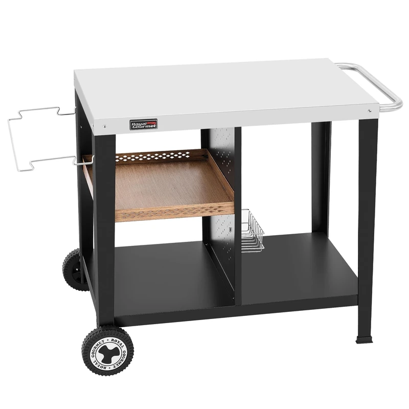 Royal Gourmet Grill Table with 85 x 50 cm Stainless Steel Plate, 3 Tier Grill Trolley for Table Grill and Pizza Ovens, Trolley with Handles, Bin Bag Holder & Storage Shelves, Easy to Clean and Movable