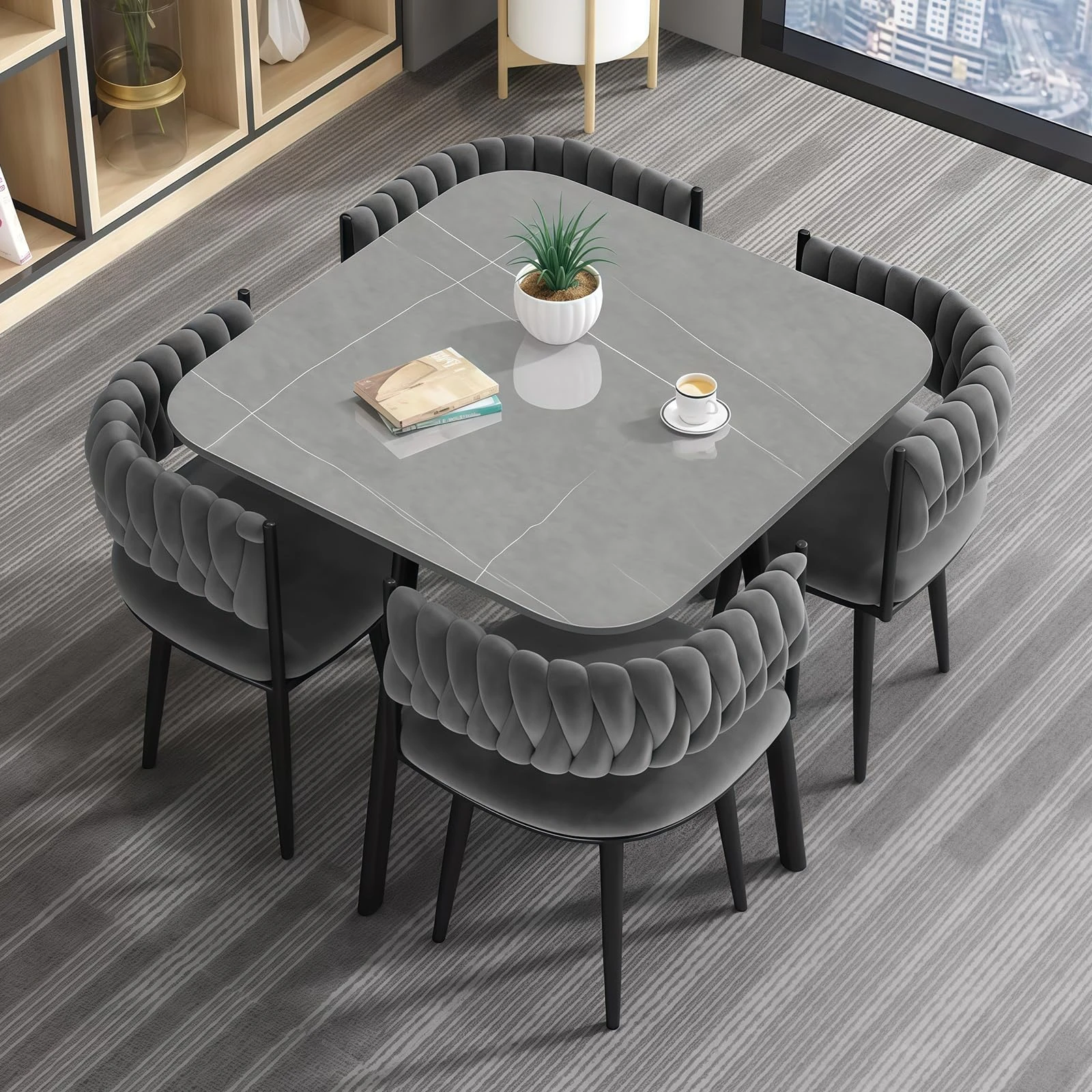 AMZSEW Dining Table and Chairs Set 5 Piece,Modern Kitchen Dining Table Set Space Saver Table and 4 Chairs for Restaurant Kitchen Conference Living Room Tablesets (Slate Gray square)
