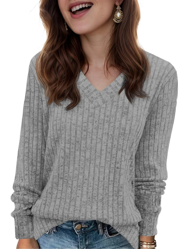 Womens Tunic Sweaters V Neck Long Sleeve Shirts Casual Fall Tops Lightweight Fashion Clothes 2025, Grey, X-Large