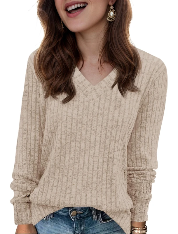 Womens Tunic Sweaters V Neck Long Sleeve Shirts Casual Fall Tops Lightweight Fashion Clothes 2025, Khaki, X-Large