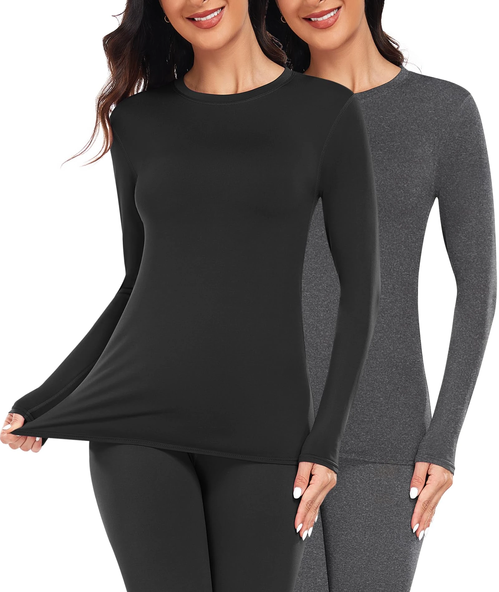 YADIFEN Thermal Tops Womens Long Sleeve Shirt Base Layer Women Soft Breathable Warm Wicking Crew Neck Thermal Underwear Womens Winter for Skiing (Black+Grey,S)