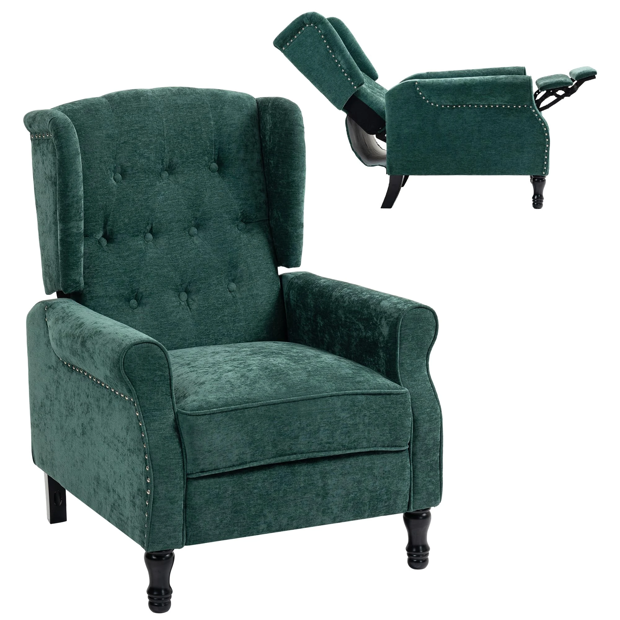 HOMCOM Recliner Armchair, Vintage Reclining Chair with Nail Head Trim, Wingback Chair with Button Tufted Back and Footrest, for Living Room, Dark Green